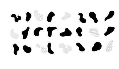 Vector elements liquid forms, liquid dynamic forms. Black random abstract shapes of spots, drops, blots, stone.
