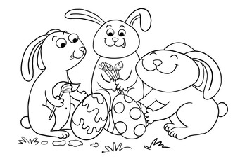 Black and white coloring page with three Easter rabbits painting and hiding Easter eggs. Hand drawn cartoon illustration isolated on a white background.
