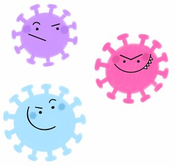 Hand drawn cartoon illustration of molecules of coronavirus infection covid-19 for kids. Doodle fun characters of pathogen microorganism with different emotions for school program. white background.