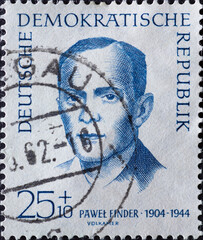 GERMANY, DDR - CIRCA 1962 : a postage stamp from Germany, GDR showing a portrait of the murdered anti-fascist and resistance fighter against Hilter: Paweł Finder (1904–1944), Polish party functionary - obrazy, fototapety, plakaty
