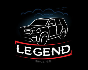 Legend t-shirt, since 1951. Toyota, Land Cruiser 200 vintage art. Offroad SUV car, , Hand drawn sketch, retro badge, typography design t-shirt print, vector illustration .