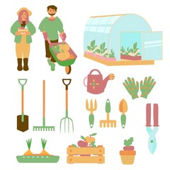 Set of flat icons of garden tools Gardener, plants and greenhouse Vector flat isolated illustration