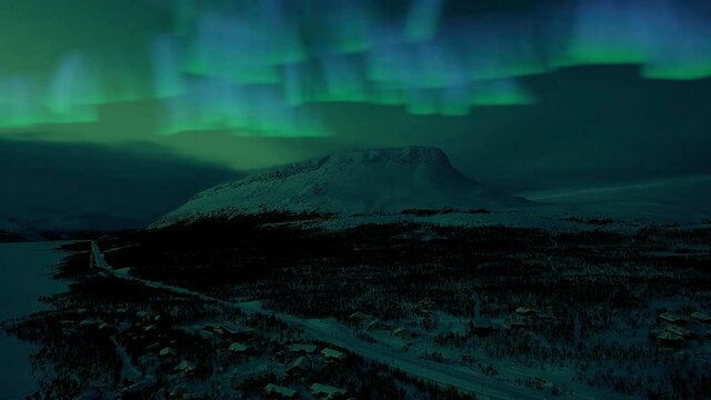 Aerial drone view of Aurora Borealis above the Saana mountain, in Lapland - 3d graphics animation
