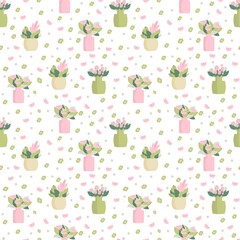 Flowers in vase Seamless pattern Flat vector illustrtion