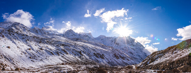 Snow covered beautiful landscape of Chandra river valley in Spiti during winter. Spiti means 'The...