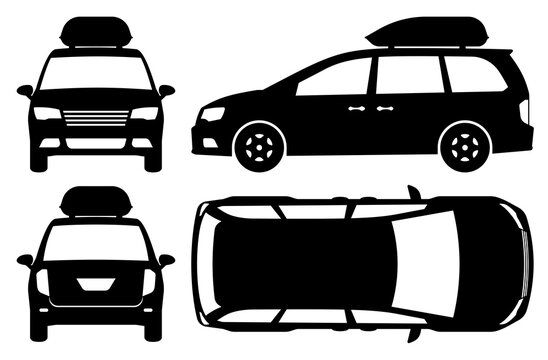 Minivan silhouette on white background. Vehicle icons set view from side, front, back, and top