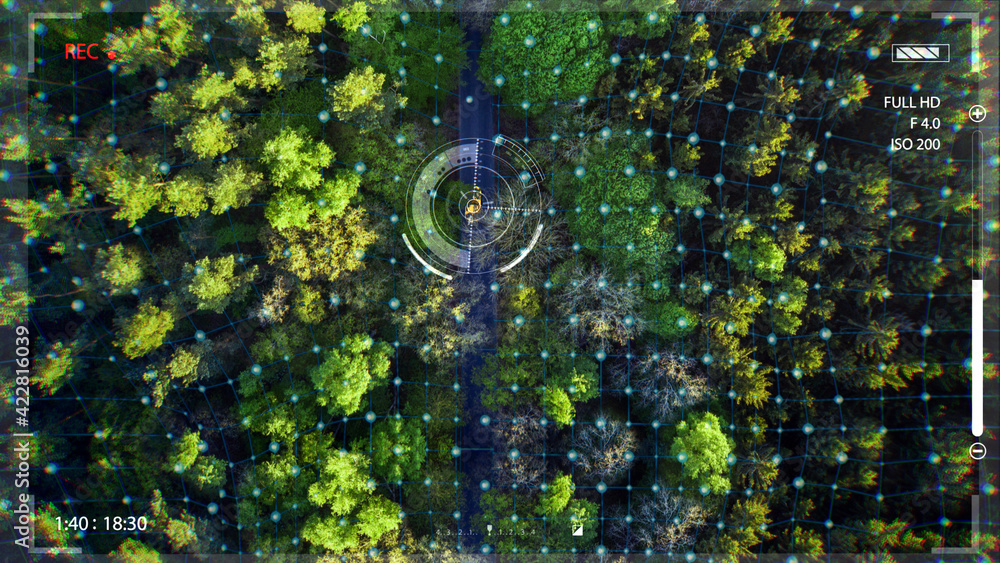 Fototapete camera record movement hud. graphic lock car target and scan forest area in top view from drone conc