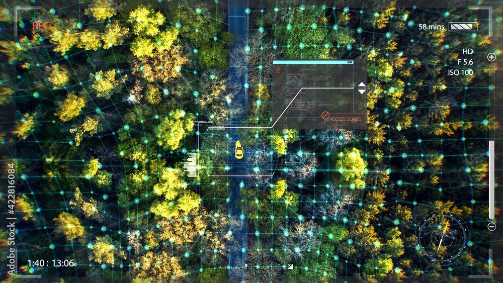 Fototapete scan focus lock target car vehicle in forest top drone view hud. graphic for information in futurist