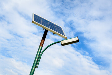 Lighting pole activated with an attached blue solar panel in Parcul Izvor (Izvor Park) in...