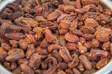 Heaps of large black Cardamom seeds, perennial herbaceous plant in the family Zingiberaceae. It has has a smoky and vaguely camphor like flavour used for the purpose of adding flavour to foods.