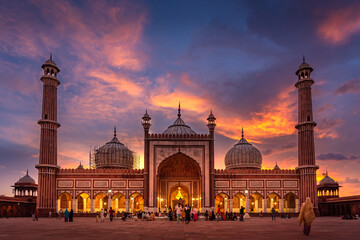 Jama Masjid was originally called Masjid-i-Jahan Numa, 'World-reflecting Mosque', built by Emperor Shah Jahan. It is large mosque constructed with red sandstone & white marble at Delhi, India.