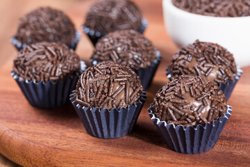 Brigadeiro, traditional Brazilian sweet. Chocolate candy.