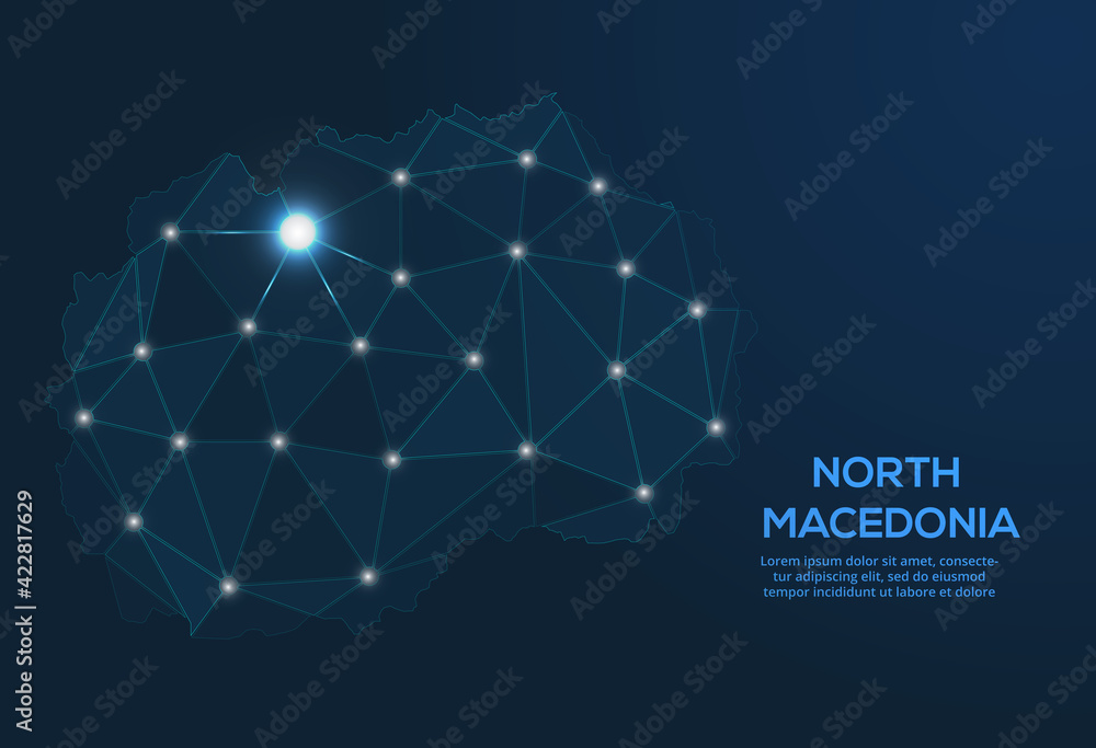 Aufkleber north macedonia communication network map. vector low poly image of a global map with lights in the 