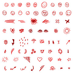 Hand drawn doodle images for social media. Creative, letters, slang, cute funny elements. Emotions. Red.