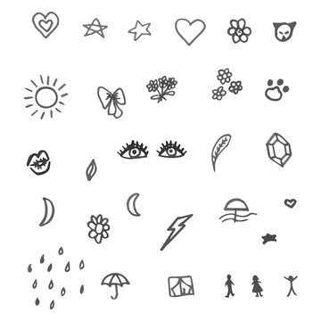 Hand drawn doodle images for social media. Creative cute funny elements. Emotions. Gray.