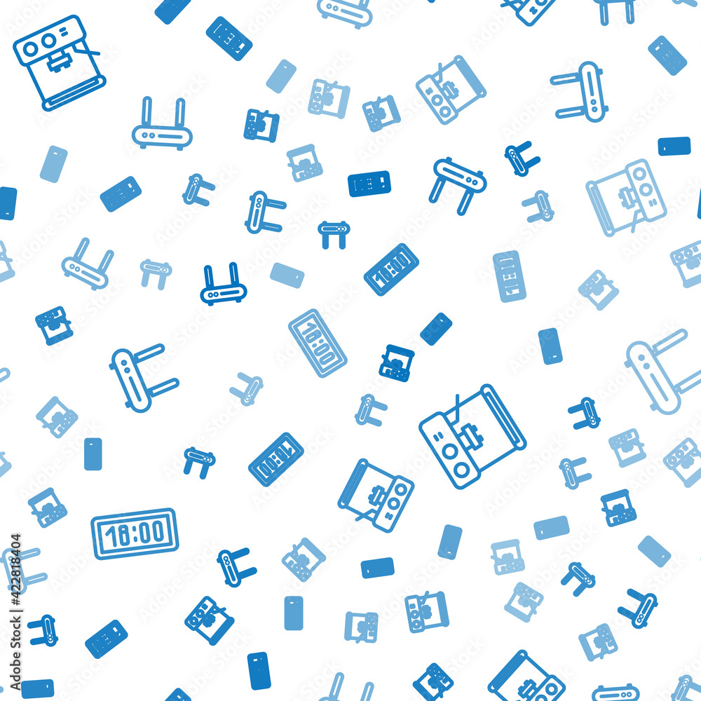 Poster Set line Digital alarm clock, Coffee machine and Router and wi-fi signal on seamless pattern. Vector