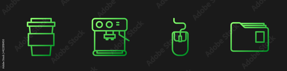 Poster set line computer mouse, coffee cup to go, machine and document folder. gradient color icons. vector