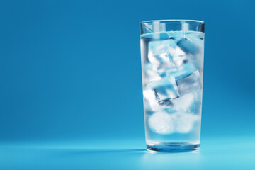 Ice cubes in a glass with crystal clear water on a blue background.