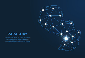 Paraguay communication network map. Vector low poly image of a global map with lights in the form of cities. Map in the form of a constellation, mute and stars