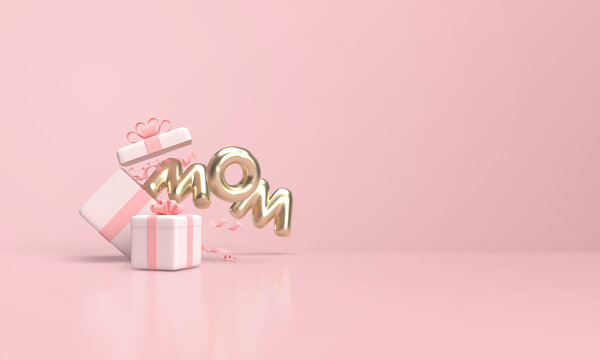 Mother's day design with gift box and 3d rendered writing.