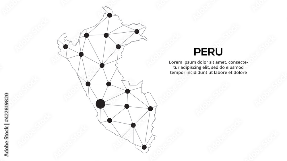 Poster peru communication network map. vector image of a low poly global map with city lights. map in the f