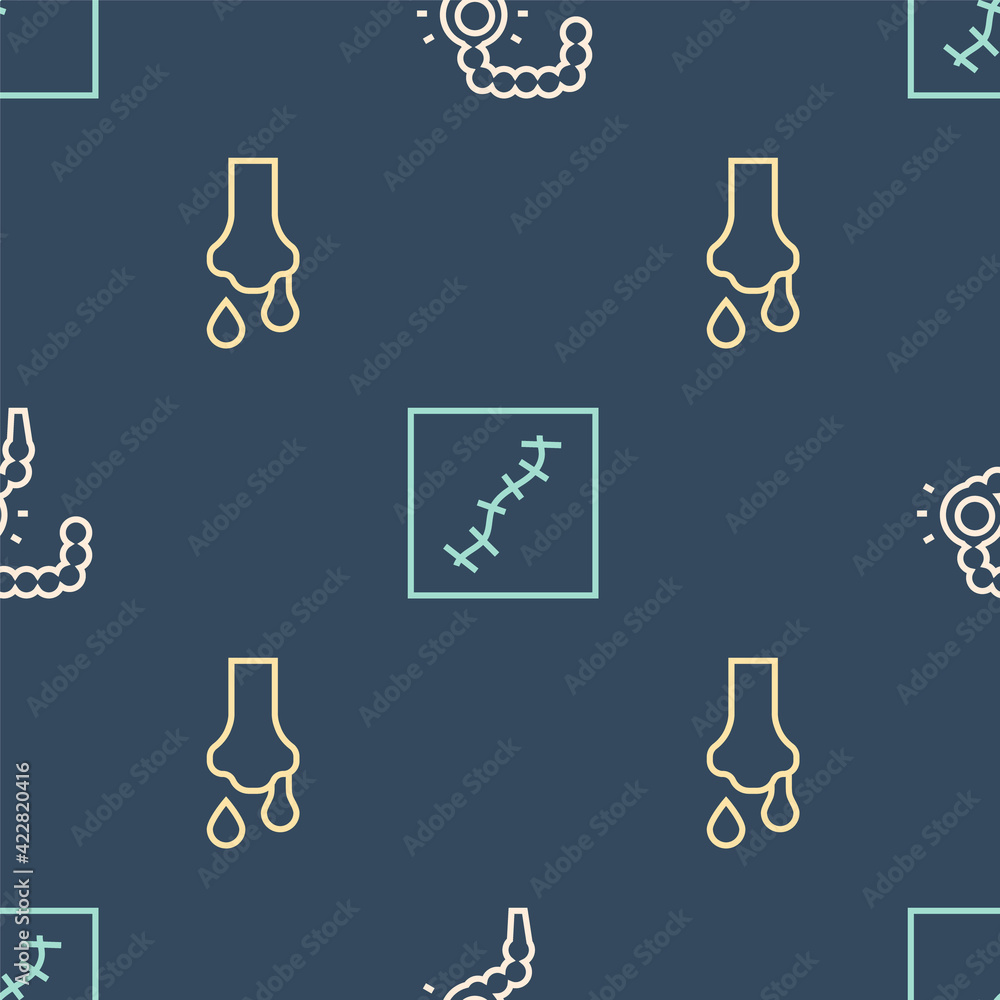 Poster set line gut constipation, runny nose and scar with suture on seamless pattern. vector