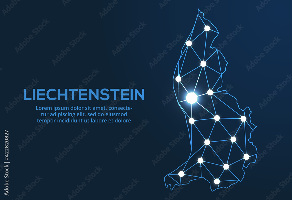 Poster liechtenstein communication network map. vector low poly image of a global map with lights in the fo