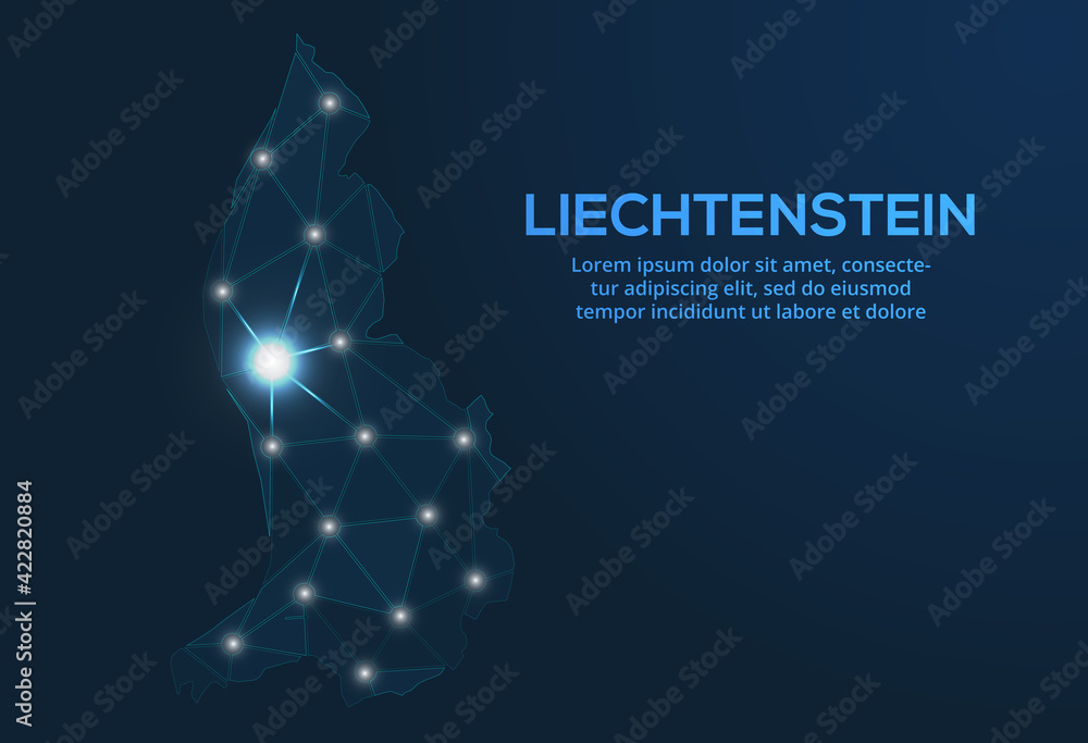 Poster liechtenstein communication network map. vector low poly image of a global map with lights in the fo