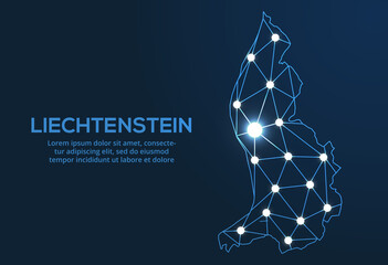 Liechtenstein communication network map. Vector low poly image of a global map with lights in the form of cities. Map in the form of a constellation, mute and stars - obrazy, fototapety, plakaty