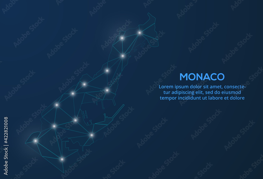 Poster monaco communication network map. vector low poly image of a global map with lights in the form of c