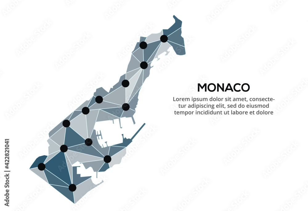 Aufkleber monaco communication network map. vector image of a low poly global map with city lights. map in the