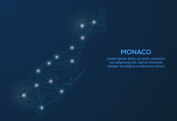 Monaco communication network map. Vector low poly image of a global map with lights in the form of cities. Map in the form of a constellation, mute and stars