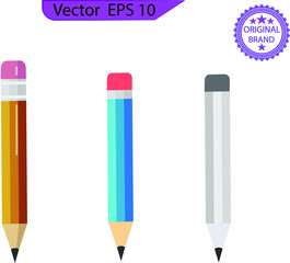 Pencil icon flat design vector isolated. Pencil icons in flat style. Pencil in different designs. Pencil with Rubber eraser,  Pencil with rubber eraser in modern simple flat design. 