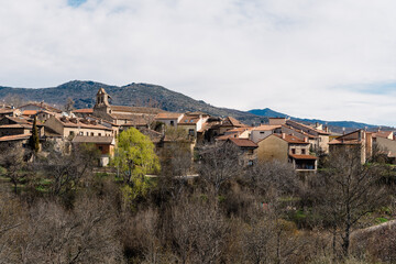 Scenic panoramic view of the village of Horcajuelo de la Sierra in Madrid during springtime