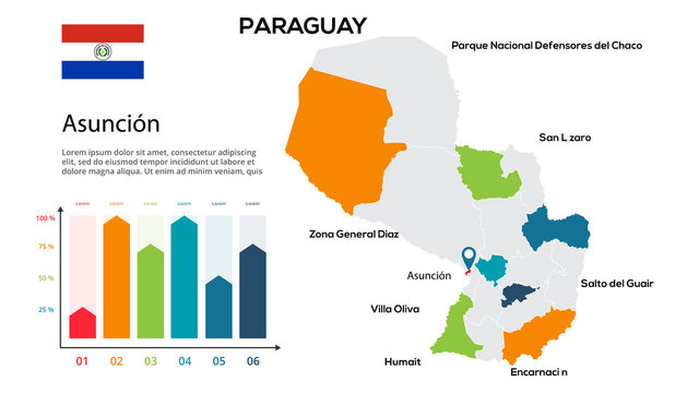 Paraguay map. Image of a global map in the form of regions of Paraguay regions. Country flag. Infographic timeline. Easy to edit