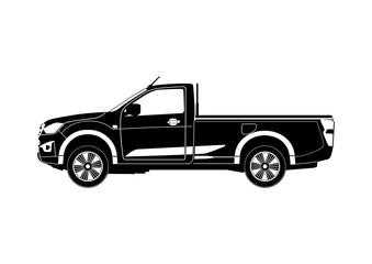 Modern single cab pickup truck silhouette. Side view. Flat vector.