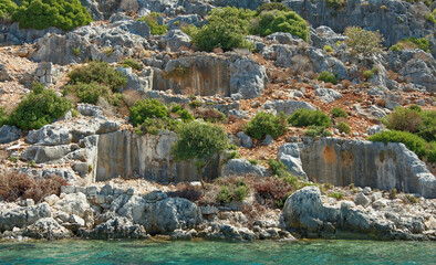 Fototapeta na wymiar Kekova is an island keeps under water the ruins of 4 ancient cities, that fell into the water in the II century BC as a result of an earthquake