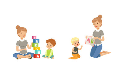 Cute Little Boy Sitting on the Floor Studying and Learning Alphabet with Young Teacher Vector Set