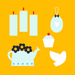 Happy Easter Scandinavian vector set. Flat geometric style symbols holiday spring. Egg hunt. Greeting cards or posters with wine, spring flowers, candles, cupcake, bird and Easter egg.