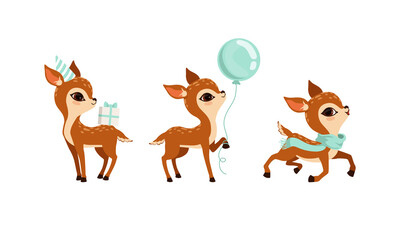 Cute Fawn Holding Toy Balloon and Carrying Gift Box Vector Set