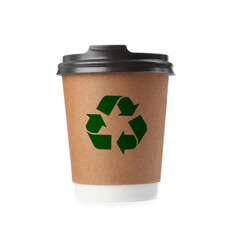 Takeaway paper coffee cup with recycling symbol on white background