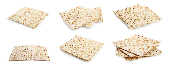Set with Passover matzos on white background, banner design. Pesach celebration