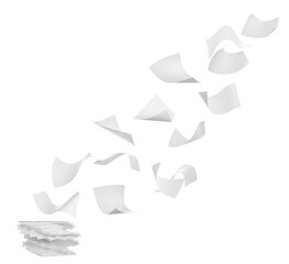 Blank sheets of paper flying on white background