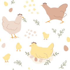 Vector repeating hand-drawn print. Easter pattern with chickens, chicks, easter eggs and leaves in scandinavian style. Cute childrens seamless pattern in pastel colors.