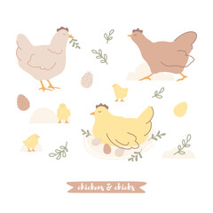 Vector hand-drawn Easter collection with chickens, chicks, easter eggs and leaves in scandinavian style. Cute hen and chicks in pastel colors.