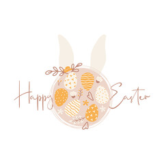 Happy Easter greeting card with Easter eggs and cute bunny ears. Vector illustration.