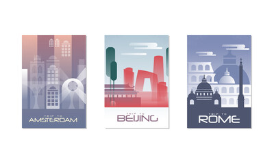 Travel the World Poster with Amsterdam, Beijing and Rome City View Vector Set