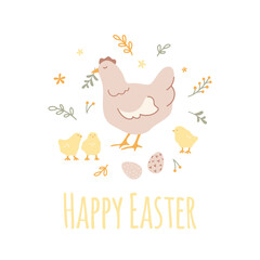 Vector Easter design. Circle composition with chicken, chicks, flowers, leaves and eggs. Hand drawn template for greeting cards, banners, posters.