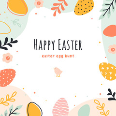 Easter eggs hunt. Hand drawn banner with easter eggs and decorative floral elements. Vector template for greeting cards, banners, posters. - 422824863
