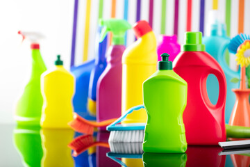 Spring house and office cleaning theme. Colorful set of bottles with clining liquids and colorful cleaning kit on background in the form of colorful stripes.
